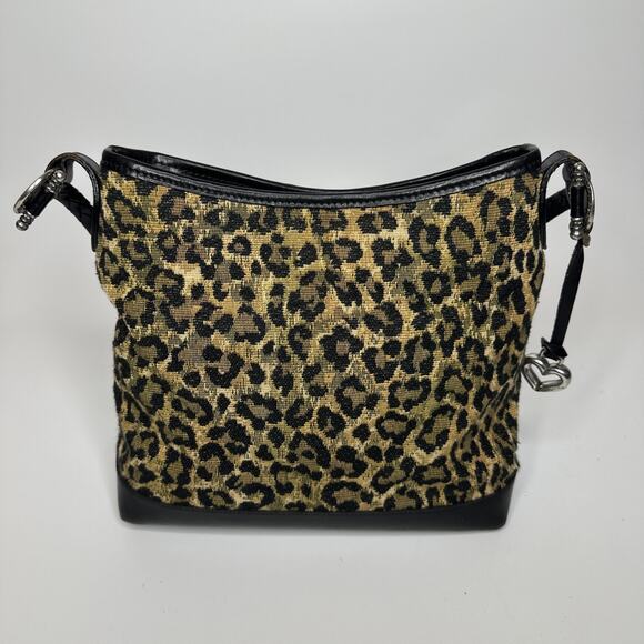 Brighton Leopard Animal Print Leather Shoulder Bag Silver Hardware Braided Strap - Picture 3 of 16